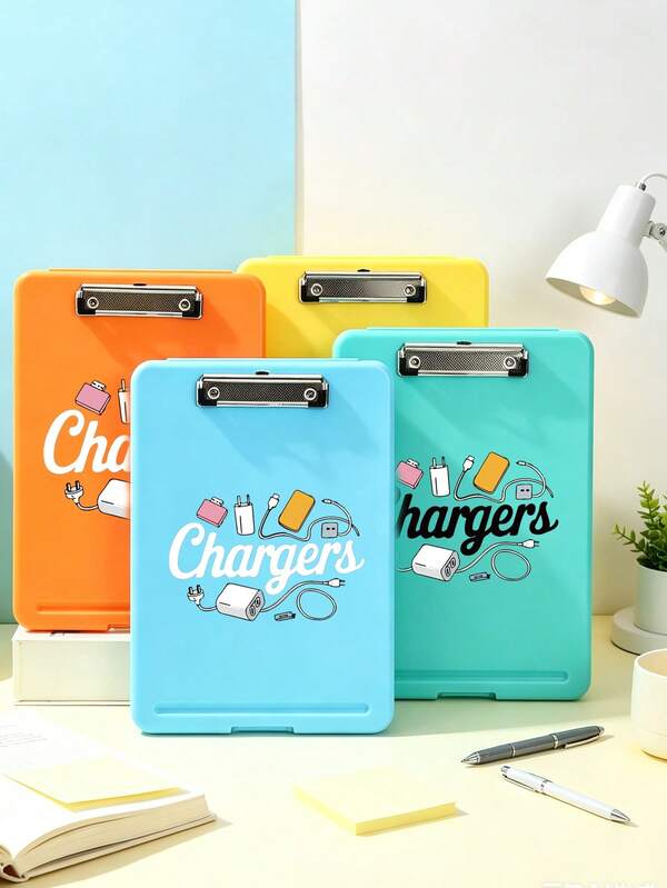 Writing Board/Folder With Storage Function, Glasses Cleaning Cloth With "Chargers" Letter Print, Plastic Pen Holder Storage Box With Flat Clip; Glasses Cloth, School And Office Supplies, Writing Board With Storage Function, File And Digital Electronic Product Storage Box, Essential For Nurses, Teachers, Office Workers, Students, Commuting, Short Trips, Dorm Desk, Makeup Table Organization, Back To School Season, Dorm, Digital Enthusiasts Office Supplies