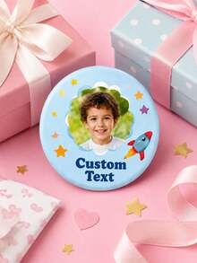 1 pieza Insignia redonda personalizada con foto y nombre, diseño lindo de cohete espacial, botón broche con foto personalizada para mochila, chaqueta, bolsa escolar, cumpleaños - Multicolor - Ver 3