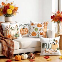 4 piezas Fundas de almohada con patrón de calabaza de otoño a cuadros naranjas sin rellenos, fundas de almohada impresas en un solo lado, adecuadas para sala de estar, dormitorio, decoración del hogar, fundas de almohada para todas las estaciones - Multicolor - Ver 6