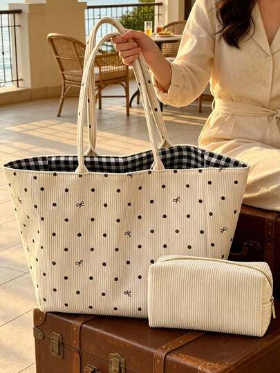 Vintage Corduroy Canvas Tote Bag, Large Capacity Shoulder Bag, Bow Knot Pattern Makeup Bag, Polka Dot Fashion Design, Bohemian Beach Bag, Reusable, Perfect For Beach Travel, Swimming, Shopping And Daily Use, Suitable For Women, Teenagers, College Students, White-Collar Workers, Travelers And Beach Lovers, Suitable For Autumn, Summer, Easter, Back To School Season, Teacher's Day And Gift Giving, Can Be Used As Beach Bag, Shopping Bag, Underarm Bag, School Bag, Women's Best Travel Companion.