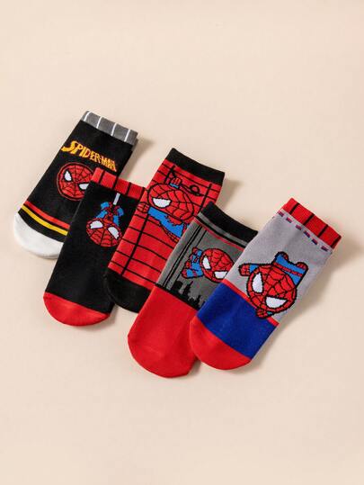 Marvel 1/5雙男孩/兒童短襪 春夏款 酷感個性化卡通蜘蛛人/蜘蛛網圖案裝飾 休閒透氣 防臭 吸濕排汗 多功能運動襪 可愛時尚 柔軟舒適 英倫學院風 校園襪 適合生日禮物/戶外運動/旅行/校園穿著