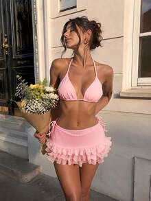 Set Pakaian Renang Wanita Musim Panas Warna Pink Muda Polos Seksi Modis Model Bikini Halter Dua Potong dengan Penutup Berumbai Tiga Lapis Jala yang Lucu untuk Liburan - Berwarna merah muda - View 2