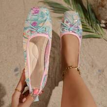 New Chinese Style Colorful Sequined Lace Square-Toe Flat Shoes For Women With Bow, Breathable And Retro Style, Perfect For Summer.,Ballet Flats - Multicolor - View 1