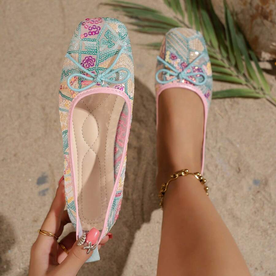 New Chinese Style Colorful Sequined Lace Square-Toe Flat Shoes For Women With Bow, Breathable And Retro Style, Perfect For Summer.,Ballet Flats - Multicolor - View 1