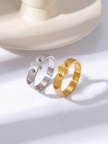 Geometric Square Belt Buckle Textured Ring, 18K Gold Plated/304 Stainless Steel, Women's Stackable High-End Minimalist Niche Jewelry - Belt Buckle - View 4