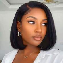Yaki 直髮黑色波波頭真人髮假髮 180% 密度 5X5 蕾絲分線 穿戴即用免膠水 真人髮預拔髮線預剪髮，女士穿戴即用自然黑波波頭假髮，12英吋 - Natural Black - 查看 1