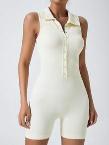 Women's V-Neck Polo Collar Button Design Sleeveless Jumpsuit, Ribbed Elastic Abdominal Compression Running Dance Fitness Yoga Tennis Sports Summer - White - View 9