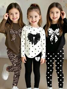 Random 6pcs/Set Girls Casual Fashion Cute Bow, Polka Dot, Heart, Leopard Print Long Sleeve And Tight Fit Set, School, Back To School Comfortable Daily Wear - Multicolor - View 8