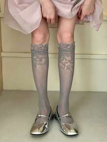 1 Pair French Vintage Girl Calf Socks, Y2K Sweet Cool Style, Spring Summer Lace Hollow Mesh Slouch Socks - Multicolor - View 10