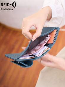 極簡 RFID 防盜刷迷你零錢包口袋錢包，日常純色荔枝紋壓花小錢包，附卡槽，可放信用卡/身分證/現金/鈔票，輕巧便攜，三折卡夾，中性款 - 彩色 - 查看 2
