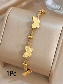 Set/1 Pieza Pulsera de Cadena de Malla Ancha de Acero Inoxidable con Mariposa, Zirconia y Flores Doradas Minimalistas, Conjunto de Joyería para Mujer, Fiesta, Diario, San Valentín/Cumpleaños/Navidad - Multicolor - Ver 12