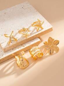 6pcs Vintage Bohemian Vacation Style Gold Flower & Starfish Ring Set, Stackable Rings, Women's Fashion Jewelry - Yellow Gold - View 5