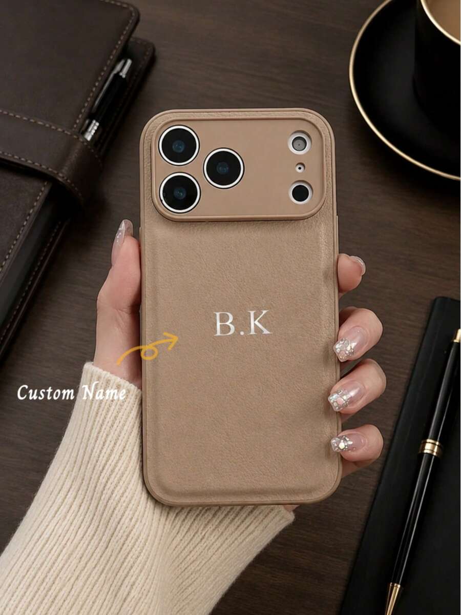 客製化奢華荔枝紋人造皮革手機殼,個性化字母姓名,適用於 Apple 17 16 15 14 13 12 11 Pro Max 16 Plus 17 Air,全鏡頭保護防摔防指紋手機殼 - 卡其色 - 查看 1