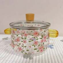 Cherry Blossom Print Dual Handle Glass Stew Pot, High Borosilicate Heat-Resistant Glass Milk Pot With Wooden Lid, Open Flame Compatible Mini Soup Pot, Suitable For Breakfast, Cooking Noodles, Herbal Tea (15cm Diameter) - View 5