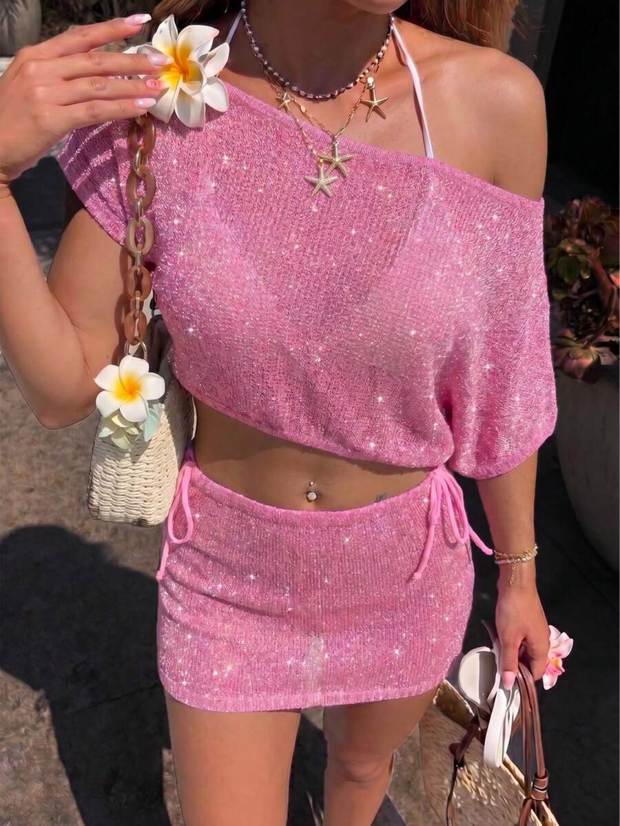 女士休闲性感可爱Y2K风格亮片露脐针织单肩上衣搭配披肩裙两件套沙滩度假套装,粉色 - 粉色 - 查看 1