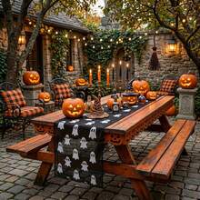 1 pieza Camino de mesa decorativo con patrón de fantasma de Halloween, crea una atmósfera festiva, adecuado para comedor, patio y otros caminos de mesa decorativos - Negro - Ver 6
