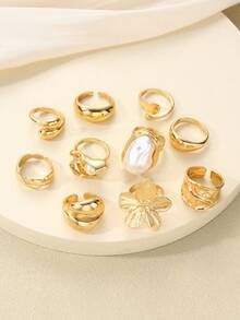 10pcs Fashion Minimalist Elegant Exquisite Vintage Design Multi-Layer Stackable Old Money Style Geometric Floral Irregular Texture Pleated Faux Pearl Cross-Twist Braided Water Drop Polished Minimalist Plain Metal Chunky Wide Rings Set For Holiday Vacation Party Date Gift Daily Commute Wear - Yellow Gold - View 4