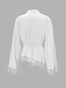 Women's Spring/Autumn Glossy Satin Lace Trim Turn-Down Collar Button-Up Flared Sleeve Asymmetrical Hem Waist Tie Long Sleeve Blouse - White - View 10