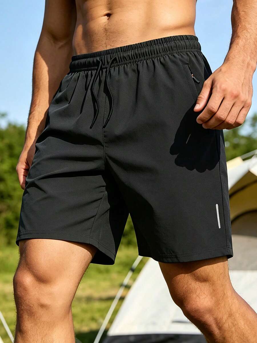 Men's Sports Shorts, Summer Knee Length Inseam Drawstring Running & Workout Pants - Black - View 1