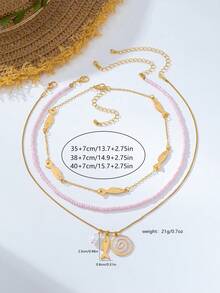 3pcs Bohemian Vacation Style Ocean Series Multi-Element Beaded Fish Pendant Necklace Set For Women Summer Clothing - Pink - View 5