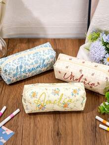 1pc Personalized Floral Pattern Pencil Case, Embroidered Name, Custom Zipper Pencil Pouch, Back To School Gift, Makeup Brush Storage Bag, School Supplies, Custom Toiletry Bag, Cosmetic Bag - Multicolor - View 7