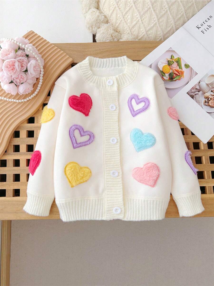 M.Dian xi New Embroidered Heart Girls Cardigan, Spring/Autumn Children's Fashion Sweater, Thin Fleece Warm Top Jacket - Beige - View 1
