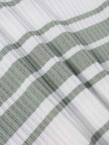 1pc Boys' Teen Retro Colorblock Green & White Striped Knit Polo Shirt, Autumn/Winter - Green - View 7