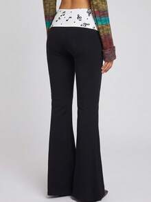 Fall Y2K Contrast Waist Flare Pants, Black Low Rise Bell Bottom Trousers With White Music Note Printed Fold Over Waistband, Slim Stretchy Casual Pants - Black - View 6