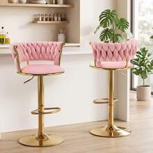 Velvet Bar Stools Set Of 2, 360° Swivel Barstools Height Adjustable Counter Height Bar Chairs, Woven Back Upholstered Accent Chairs With Gold Footrest, Modern Dining Chairs For Kitchen Island Home Bar Dining Room, Pink - Pink - View 3