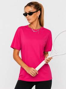 Nonwe Women Loose Fit Plain Short Sleeve T Shirt Soft Stretch Crew Neck Casual Sports Basic Tee Daily Wear - Hot Pink - View 6
