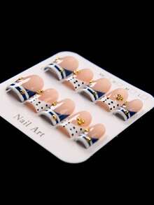 10pcs Short Square Handmade Press-On Nails, Glossy Nude Pink Navy Blue White Color Block French Tip Fake Nails With Black Polka Dots And Mini Shiny Gold Bead Decor, Reusable Acrylic Nail Tips, Cute Fresh Summer Pink Blue Manicure, Suitable For Women Girls Daily Party Date Vacation - Dusty Blue - View 5