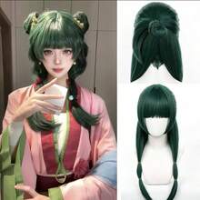 貓咪 Cosplay 假髮 65cm 深綠色長直髮，附瀏海與雙馬尾，適合動漫展、萬聖節、派對角色扮演，成人女性服裝 - 綠色 - 查看 1