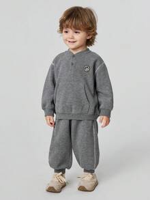 mini bala Baby Boys Girls Ribbed Cotton 2 Pieces Outfit Half Placket Sweatshirt Jogger Pants Set Soft Autumn Wear - Medium Gray - View 4