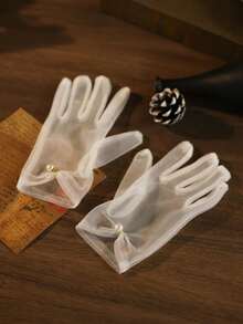 1 Pasang Sarung Tangan Renda Tipis Wanita Musim Semi/Panas Gaya Lolita Pengantin Cosplay dengan Pita, Serbaguna - Putih - View 4