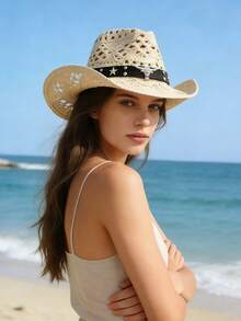 1 pieza Sombrero de vaquero de paja hueca, banda tejida de ganchillo transpirable, ala ancha vintage, accesorio de vibra enérgica, adecuado para festival de música y vacaciones en la playa - sombrero de paja - Ver 8