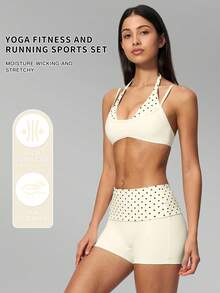 MFVIM Women's 2-Piece Yoga Set, Vintage 2 In 1 Camisole / Folded High Waist Slimming 3-Inch Shorts Anti-Exposure - Cream With Black Polka Dots - View 2