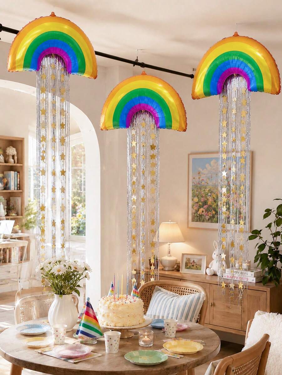 5pcs Rainbow Balloon & Tinsel Curtain Set, Suitable For Birthday, Rainbow Theme Party, Anniversary, Party Decoration Supplies