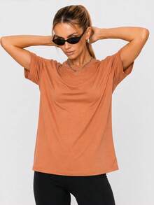 Nonwe Women Loose Fit Plain Short Sleeve T Shirt Soft Stretch Crew Neck Casual Sports Basic Tee Daily Wear - Brown - View 10