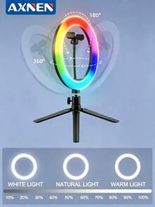 AXNEN 10 Inch RGB Ring Light With Tripod, Clip And Phone Holder, LED Ring Light With 39 Color Modes And 10 Brightness Levels, Suitable For Makeup, Selfie, Photography, Live Streaming - Black - View 1