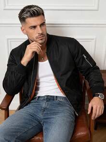 Men's Spring/Autumn Solid Color Thin Baseball Collar Casual Retro New Baseball Jacket Flight Jacket Outerwear - Black - View 3