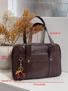 Office Lady 8 AM Tote Bag, Minimalist Fashion Women's PU Handbag, Solid Color Personalized Large Capacity Shoulder Bag - Coffee Brown - View 7