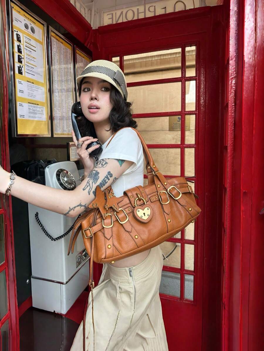 New Premium Vintage Motorcycle Bag, Heavy-Duty Design Multi-Strap Riveted Boston Bag, Fashionable Edgy Shoulder Crossbody Handbag For Women. - Brown - View 1