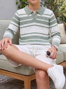 1pc Boys' Teen Retro Colorblock Green & White Striped Knit Polo Shirt, Autumn/Winter - Green - View 3