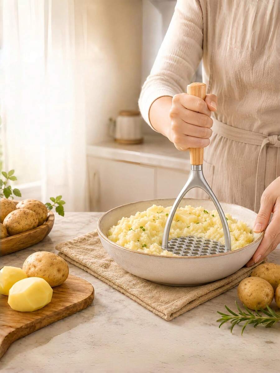 1pc Manual Potato Masher With Wooden Handle, Heavy-Duty Pressing Tool, Can Produce Smooth And Fluffy Mashed Potatoes, Kitchen Essential, Suitable For Home Cooking And Holiday Meals - Multicolor - View 1