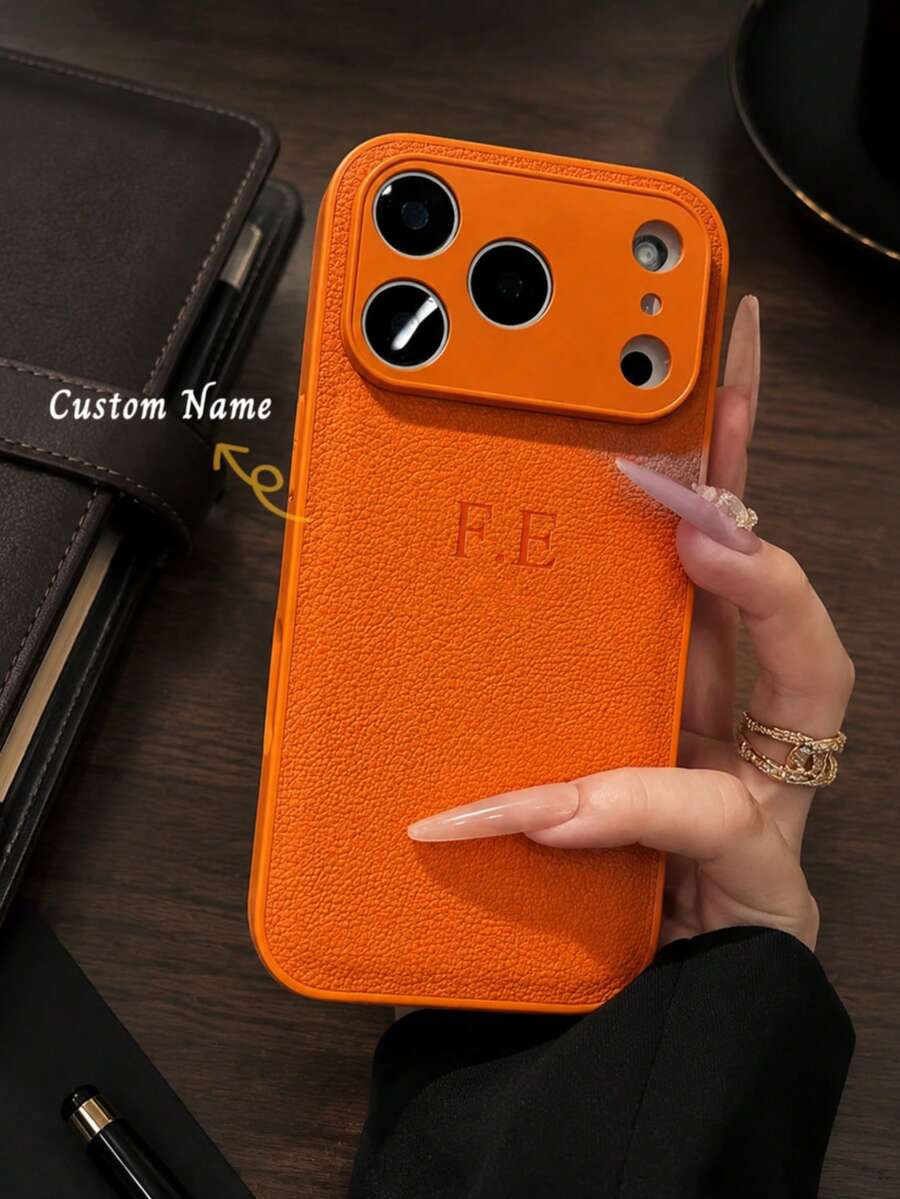 Personalized Luxury Litchi Texture Letter Embossed Faux Leather Phone Case, Stylish Protective Phone Cover DIY Gift, Phone Accessory - Orange - View 1