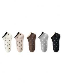 ZUJO 5 Pairs Women's Ankle Socks, Floral Pattern Lace Trim Short Socks, Simple And Comfortable, Suitable For All Seasons - Multicolor - View 6