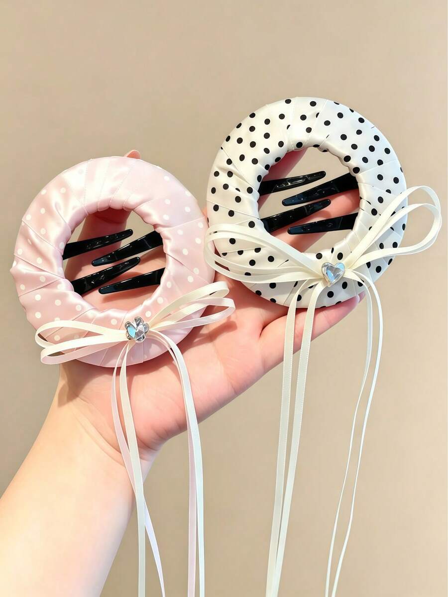 2pcs Polka Dot Satin Bow Tassel Hair Clips, Elegant Rhinestone Children's Hair Accessories, Suitable For Girls - Multicolor - View 1
