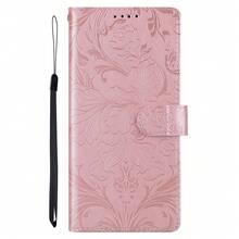 Cartera de teléfono de cuero sintético con elemento floral rosa, diseño de borde plegable con ranuras para tarjetas y cordón, proporciona protección completa para varios modelos de teléfonos inteligentes, resistente al agua, a los golpes, a los impactos y a los arañazos, regalo de primavera - Oro rosa - Ver 7