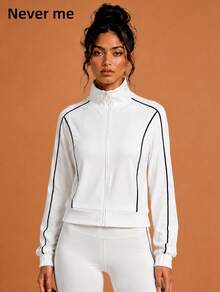 Never me Women's Autumn/Winter Long Sleeve Sports Jacket, Stand Collar, Fitted, Contrast Trim, Zipper Top, Elastic And Comfortable - White - View 1