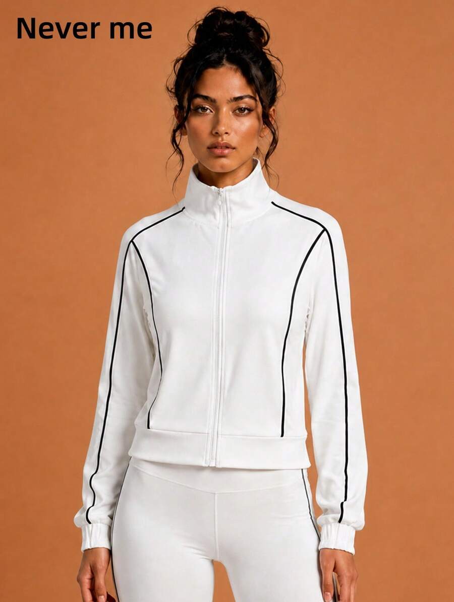 Never me Women's Autumn/Winter Long Sleeve Sports Jacket, Stand Collar, Fitted, Contrast Trim, Zipper Top, Elastic And Comfortable - White - View 1